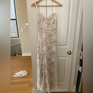 Lulus Down the Aisle white and beige lace v neck column maxi dress size M